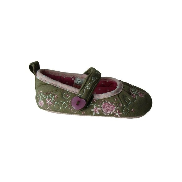 Infant Girls Mary Jane Shoes Size 1 Embroidered Pink & Green Floral Design With - Picture 7 of 9